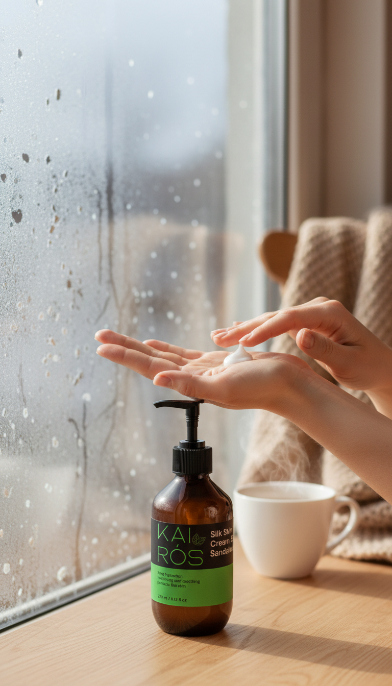 Manos secas y agrietadas en invierno aplicando Crema de Manos Piel de Seda Kairós en ambiente invernal acogedor