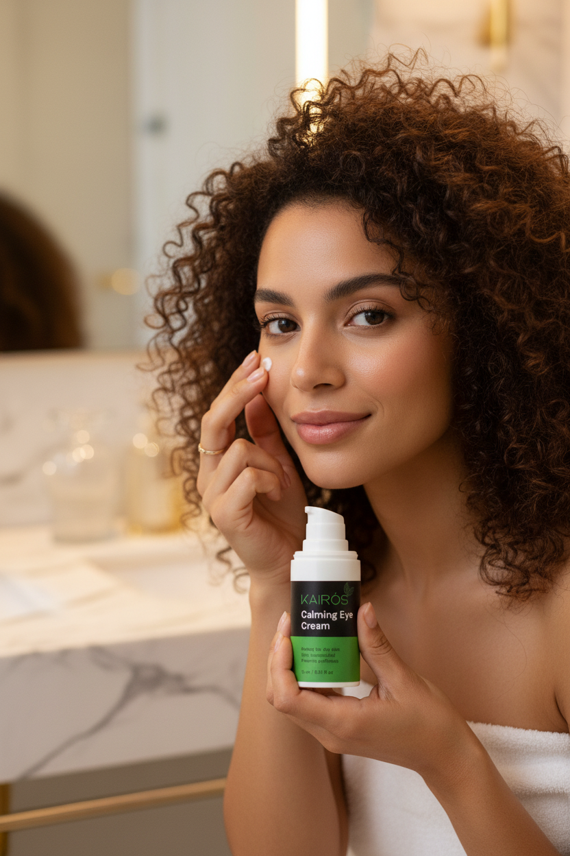 Mujer morena aplicándose Calming Eye Cream en baño con luz cálida